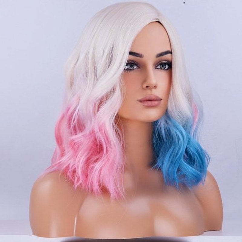 BERON Blonde Ombre Pink Blue Wigs Short Curly Bob Wig for Women Ombre Color Wavy Synthetic Hair Wigs Daily Use