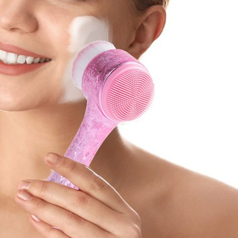Beomeen Face Brush 2 in 1, Facial Cleansing Exfoliating Brush with Ultra Fine Soft Bristles for Pore Deep Cleansing Silicone Double Side Face Wash Scrub Brush for Skin Care, Ice Flower Pink