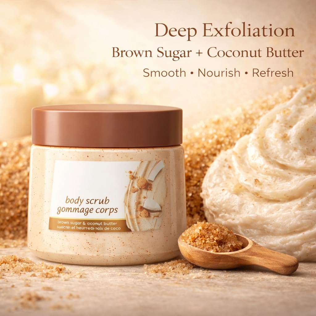 Brown Sugar and Coconut Scented Body Scrub, 15 oz Gentle Cleansing Body Polish with Smooth Texture for Daily Bath and Shower Use, Suitable for All Skin Types