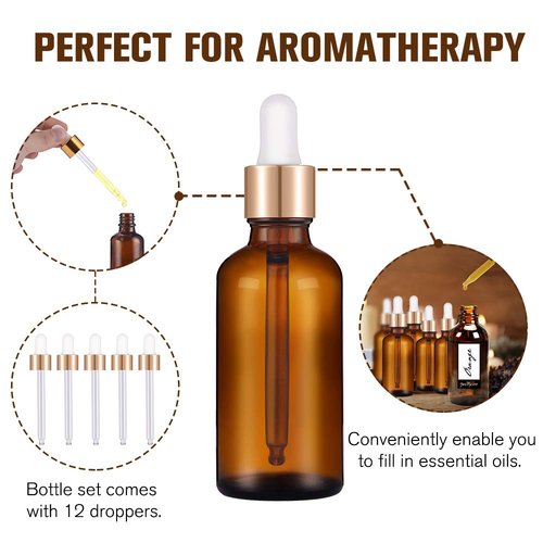 PrettyCare Eye Dropper Bottle 2 oz (12 Pack Amber Glass Bottles 60ml with Golden Caps, 24 Labels, Funnel & Measured Pipettes) Empty Tincture Bottles for Essential Oils
