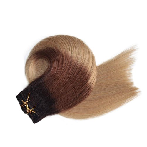 Ombre Clip in Real Hair Extensions Balayage Remy Hair Extensions Clip in Dark Brown with Light Brown 120g Full Head Straight Soft Natural Hair Extensions 22 inch