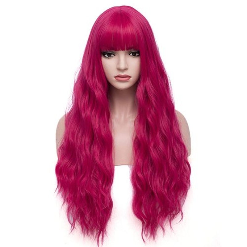 BERON 27 Inches Dark Pink Wig with Bangs Hot Pink Wig for Women Fluffy Wavy Heat Resistant Synthetic Wig (Hot Pink)