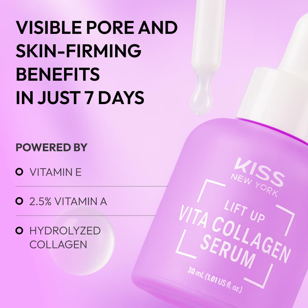 KISS NEW YORK Vita Collagen Serum For Face 1.01 Fl Oz, Improve Look of Wrinkles & Fine Lines With Hydrolyzed Collagen, Vitamins A & E for Smooth Skin, Gentle Korean Skincare for Sensitive Skin