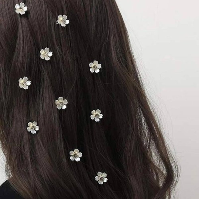10pcs Mini Flower Hair Clip - Hair Styles DIY Accessories with Rhinestone Designs White Flower Hair Button Hair Ring for Thin/Thick Hair, Cute Small Flower Claw Hair Clips Hair Barrettes