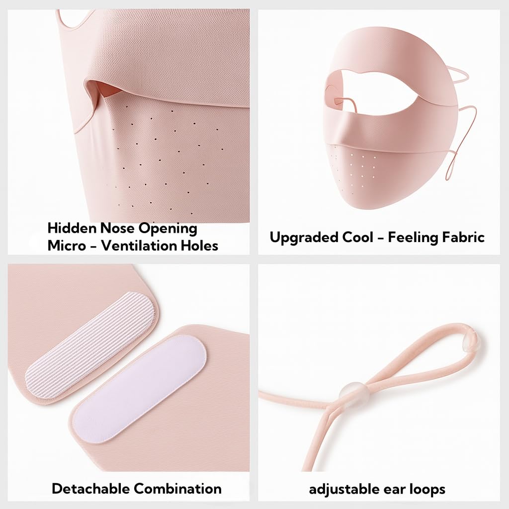 KUKASEN Women’s UPF50+ Ice Silk Face Mask, Breathable Cooling UV Face Cover with Ear Loops & Head Strap for Outdoors Removable Chin Cover