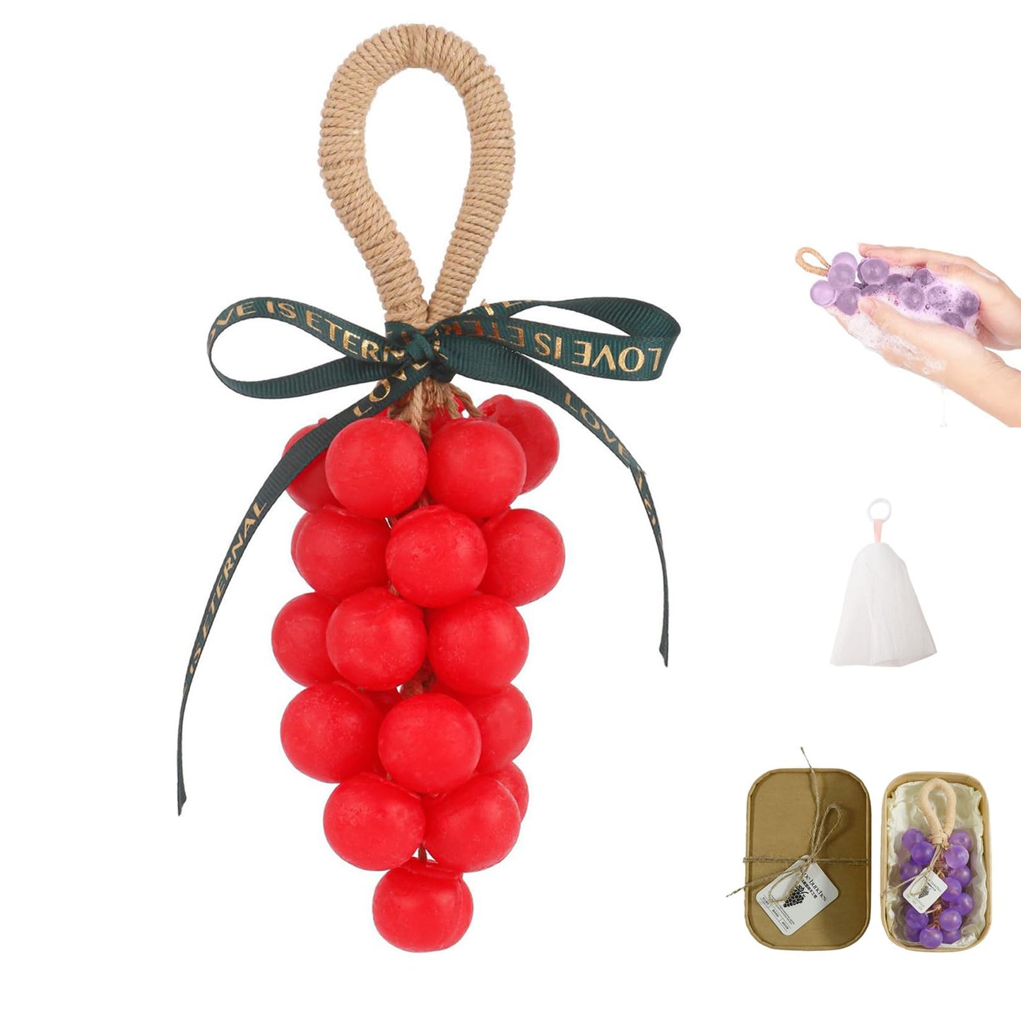 Grape Soap on a Rope, Handcrafted Grape Cluster Shaped Soaps, DIY Exquisite Home Decor and Gift Choice for Hand Washing & Air Freshening (Pomegranate)
