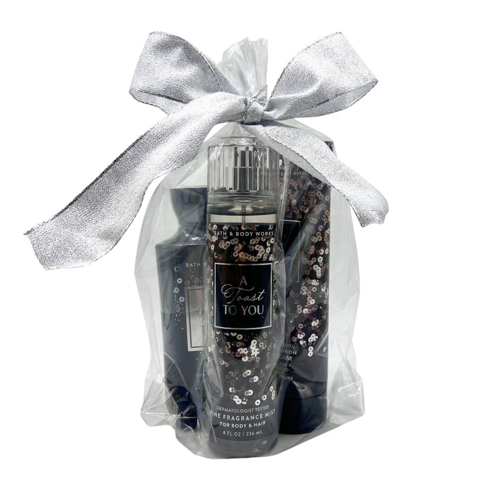 Bath & Body Works A TOAST TO YOU Fine Fragrance Mist, Ultimate Hydration Body Cream, and Body Wash 3pc Gift Set with 30-inch Silver Ribbon Bow for Gifts & Holidays – Full Size