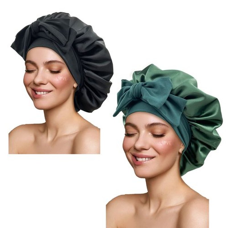 Satin Bonnet Silk Bonnet Hair Bonnet for Sleeping Large Bonnets with Tie Band Hair Wrap with Adjustable Straps Hair Cap Night Sleep Caps for Women Curly Braid Hair(Black,Hunter Green)