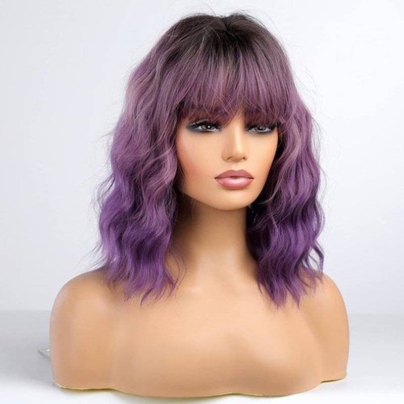 PATTNIUM Ombre Purple Wig with Bangs for Women Short Wavy Curly Bob Purple Wig Shoulder Length Heat Resistant Synthetic Wig (Ombre Purple)