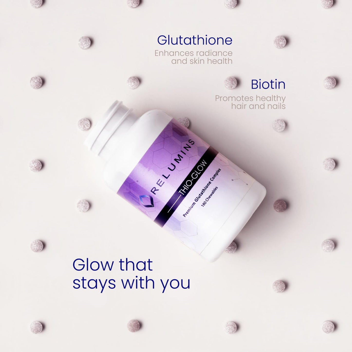 Relumins Thio-Glow Chewable Sublingual Glutathione Complex with Biotin, VIT C & E, Plus Grapeseed Polyphemols – 330mg Gluta Per Serving – 4X Effective Than Liposomal for a Summer Glow Skin