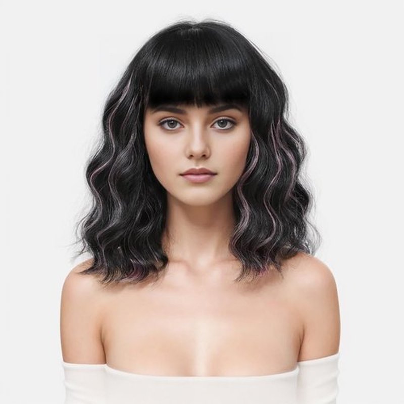Amarlis Black Mix Pink Wigs for Women, 14 Inch Wavy Bob Wig with Bangs, Natural Looking Soft Heat Resistant Synthetic Fiber Wig for Daily Party Use