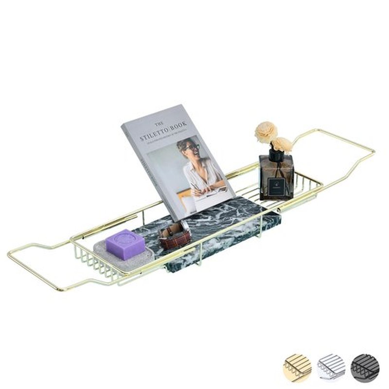 MARBBNEST Bathtub Tray Caddy for Luxury Bath Expandable Extra Wide Bath Tub Tray with Natural Marble Tray and Mobile/Tablet Stand, Ideal for Home Spa Lovers(Gold + Large Flower Green)