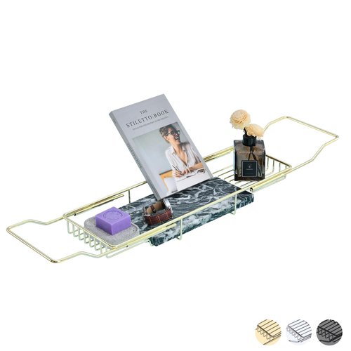 MARBBNEST Bathtub Tray Caddy for Luxury Bath Expandable Extra Wide Bath Tub Tray with Natural Marble Tray and Mobile/Tablet Stand, Ideal for Home Spa Lovers(Gold + Large Flower Green)