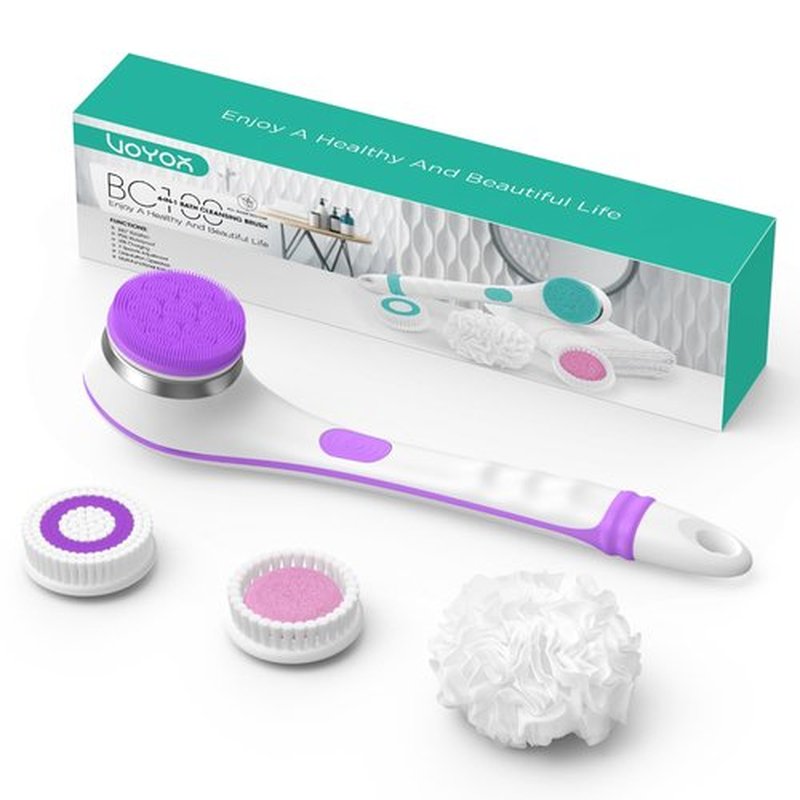 VOYOR Electric Body Brush Back Scrubber for Shower Rechargeable Exfoliating Bath Brush Powered Shower Brush with Non-Slip Long Handle Deep Cleansing, Exfoliation, Massaging Spin Brush BC100 (Purple)