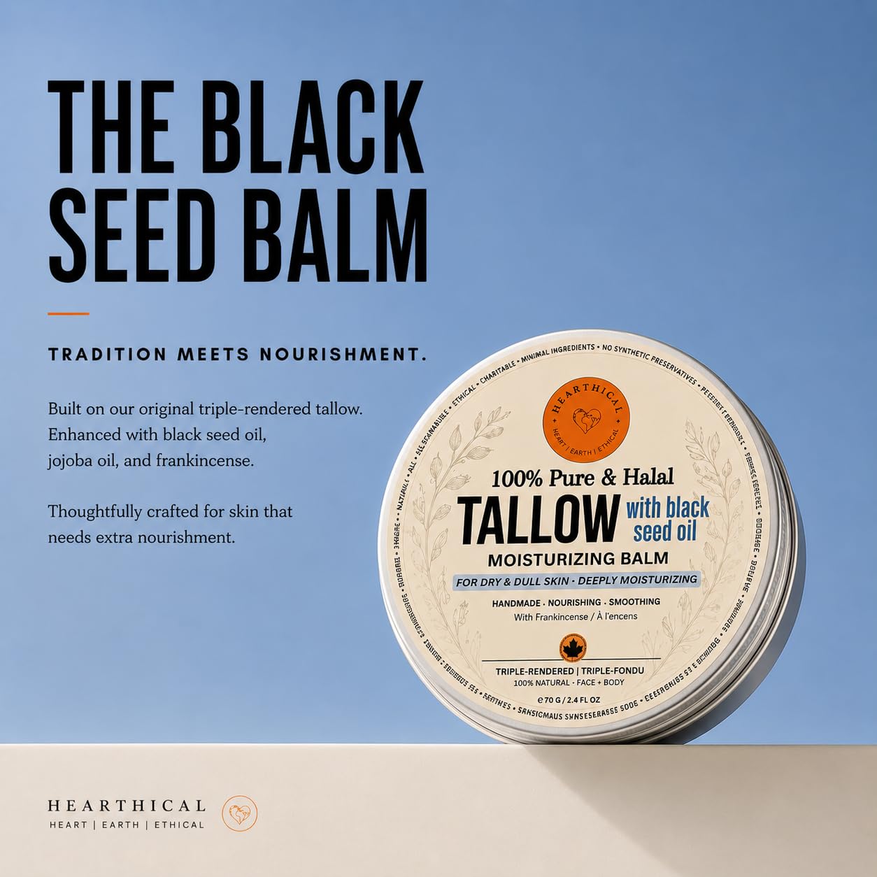 Hearthical Halal Grass Fed Beef Tallow For Skin – 70g Organic Beef Tallow Moisturizer – Beef Tallow Face Moisturizer & Beef Tallow Face Cream – Pure Beef Tallow Balm with Black Seed and Jojoba
