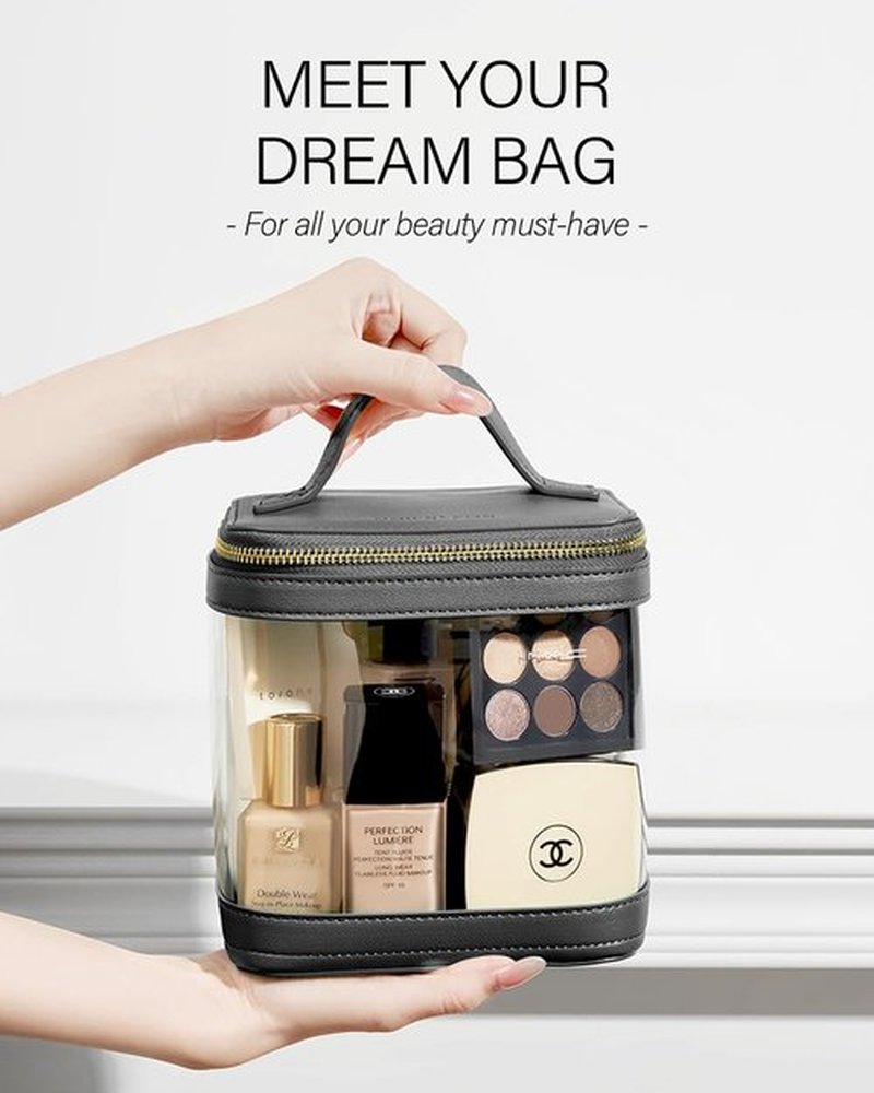 ROWNYEON Clear Makeup Bag, Travel Toiletry Bag Transparent Cosmetic Case with Zipper, Portable Make Up Organizer Clear Car Bag for Essentials with Handle (Black)