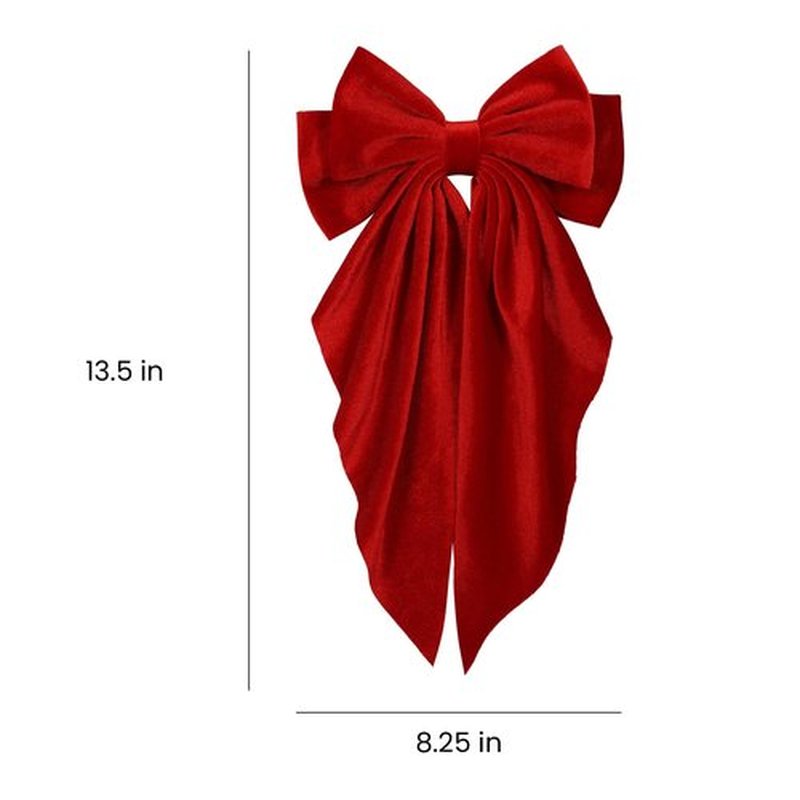 Bright Red Velvet Large Hair Bow Long Tail Bowknot Hair Barrette Clip 8.26 Inch Women Girls Fall Winter Ponytail Holder Hair Accessories