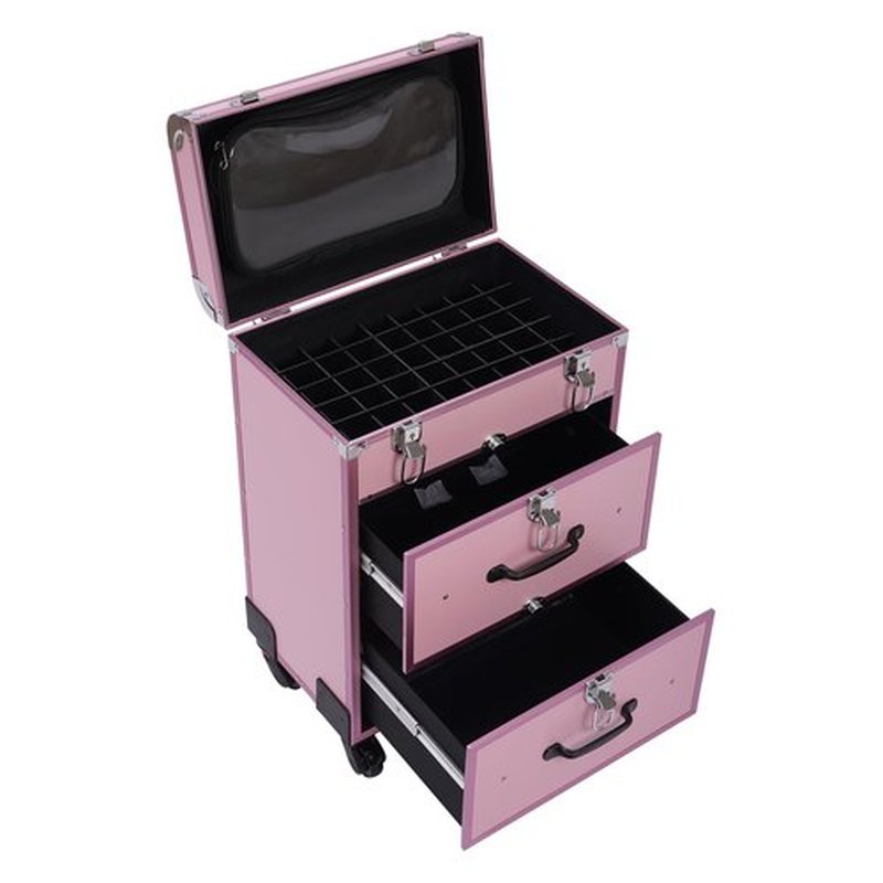 Rolling Makeup Train Case Professional Cosmetic Organizer Trolley with Drawers Compartment Nail Case Wheeled Manicure Pedicure Storage Case for Hair Stylists Makeup Artists (Light Pink & Silver)