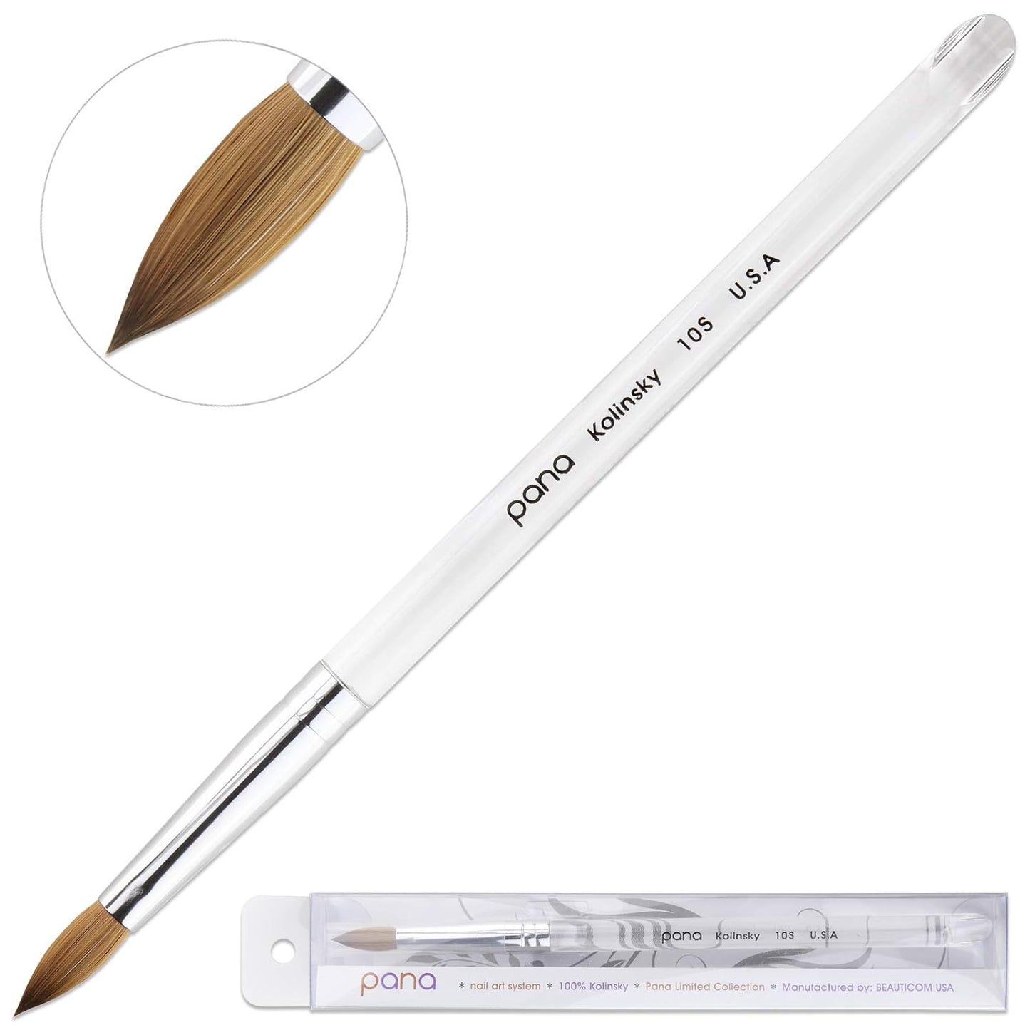 Size 10 PANA Pure Kolinsky Acrylic Nail Brush - Oval Crimped Clear Handle