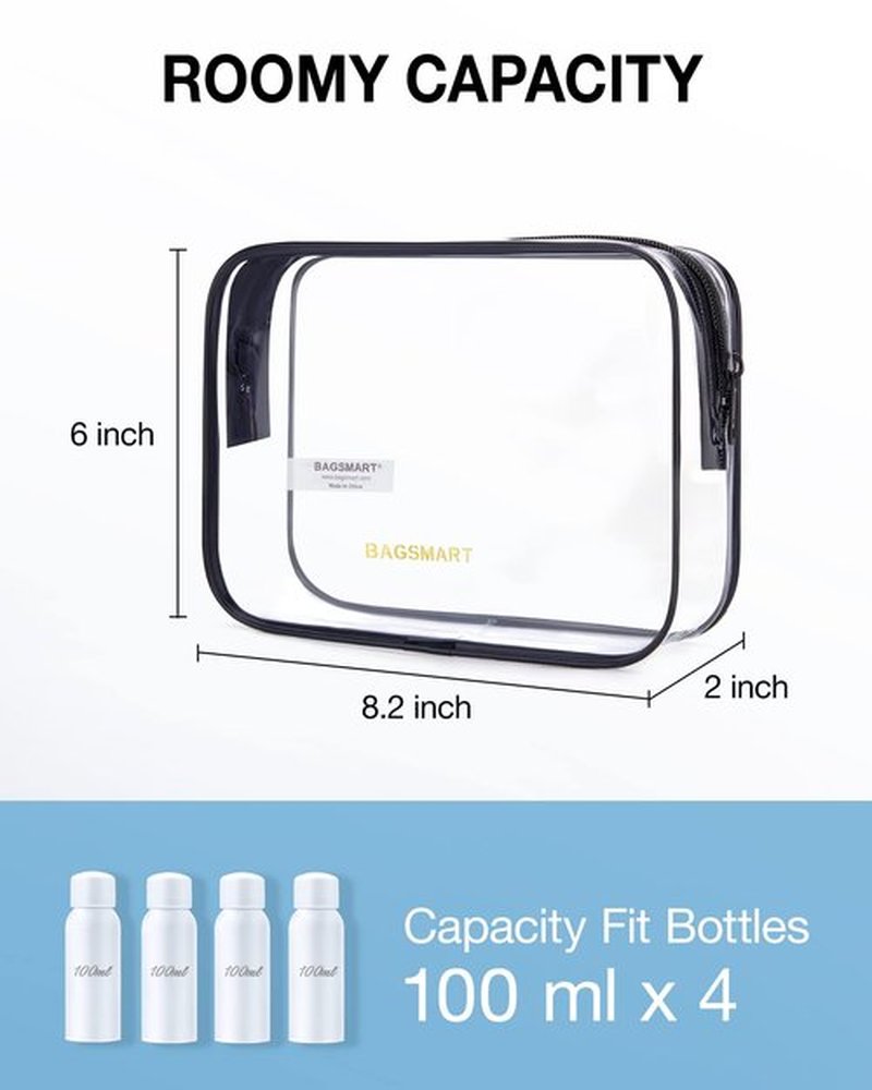 BAGSMART Clear Toiletry Bag, 2 Pack TSA Approved Travel Toiletry Bag Carry on Travel Accessories Bag Airport Airline Quart Size Bags Water Repellent Makeup Cosmetic Bag for Women (Nude Pink-2pcs)