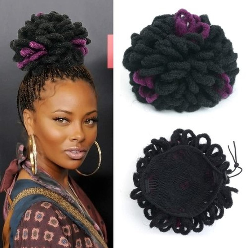 Yinmei Baibian Purple Dreadlock Bun Faux Locs Drawstring Ponytail Dread Loc Petal Buns Curly Colored Afro Puffs Braided Hair Extension Clip in on Braids Hairpieces for Black Women(1B&Purple#)