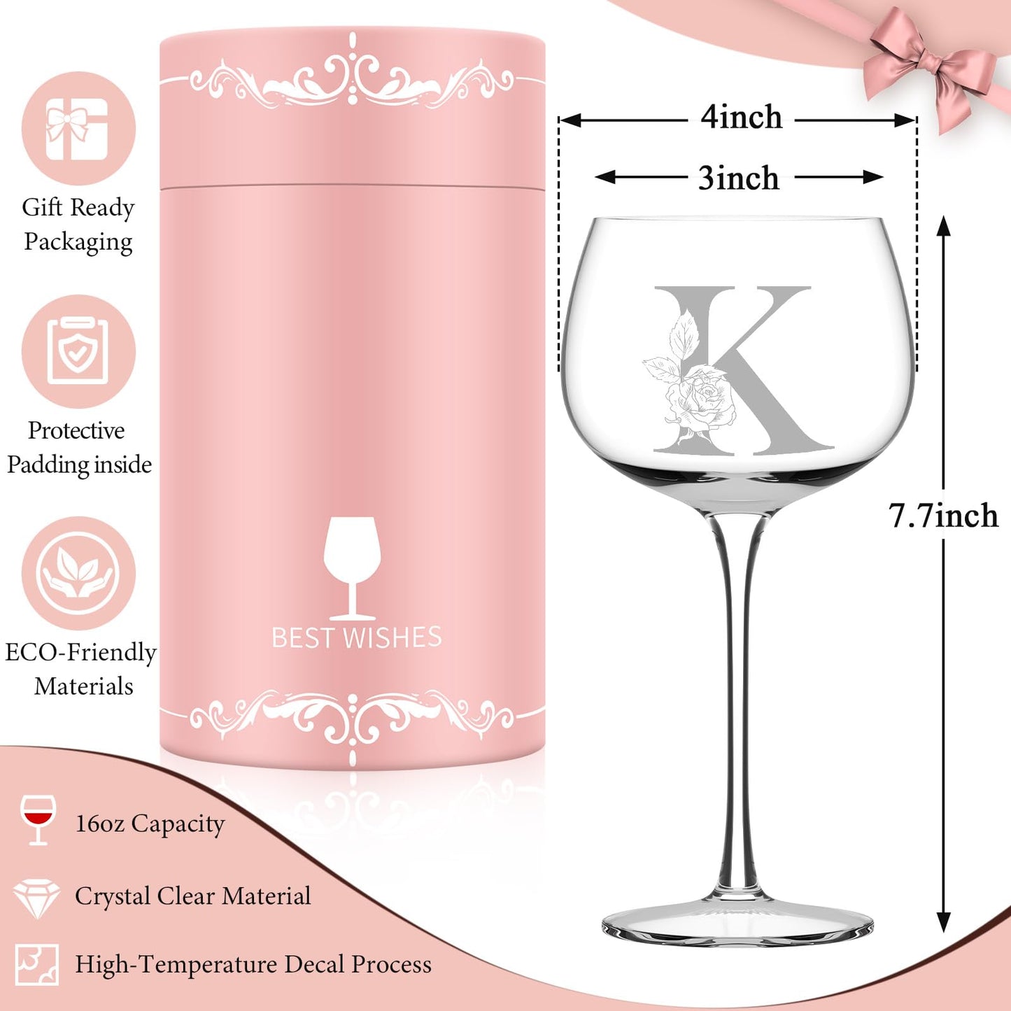 Personalized Gifts for Women Mom Friend, Initial A-Z Wine Glass Customized Gift For Woman, Unique Birthday Gifts for Women Her Mom Best Friend Sister Wife (K)