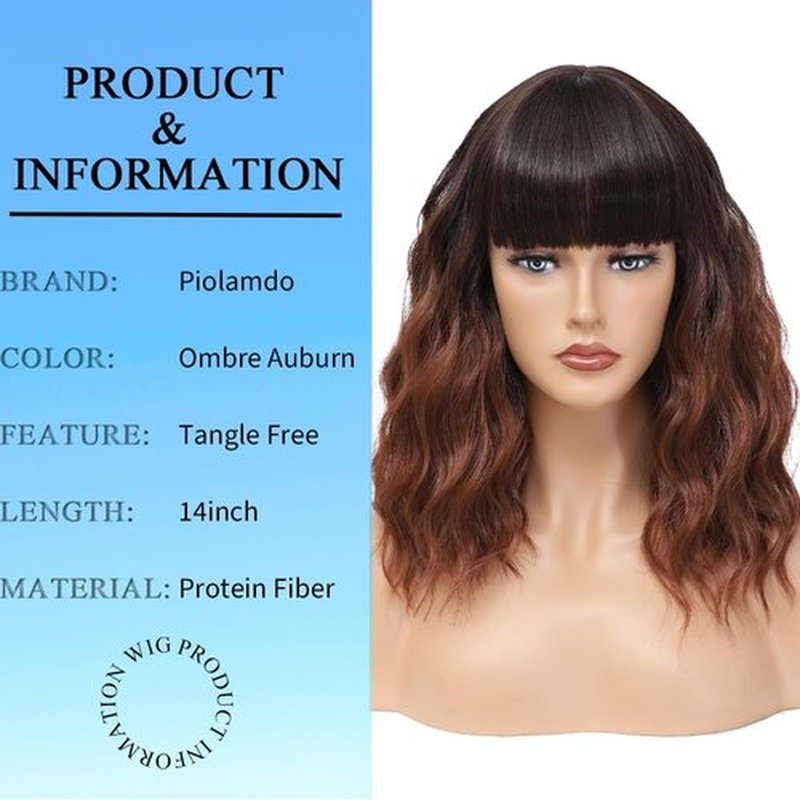 Short Wavy Auburn Wig with Bangs 14inch Ombre Auburn Wigs for Women Short Curly Bob Wigs Synthetic Natural Looking Hair Replacement Wigs Costume Cosplay Halloween Wig(14'' Ombre Auburn)