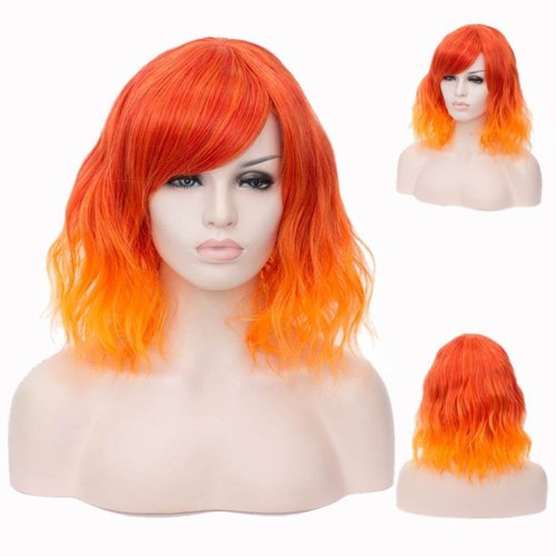 BERON 14 Inches Fire Wig Women’s Curly Ombre Orange Wig with Bangs Flame Wig for Women Halloween Cosplay Wig for Daily Use Synthetic Wigs (Ombre Orange)