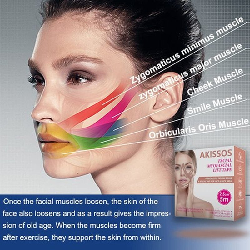 Akissos Facial Myofascial Lift Tape Face Lift Tape Face Toning Belts Anti Wrinkle Patches Anti Freeze Stickers Neck Lift Tape Unisex For Firming and Tightening Skin 2.5cm*5m