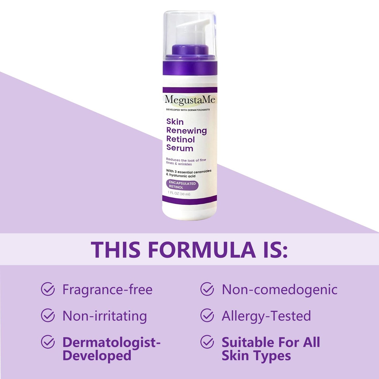 MegustaMe Hyaluronic acid essence contains vitamin B5 and ceramide to moisturize and repair skin barrier, improve the appearance of dry and fine lines (Skin Renewing Retinol Serum)