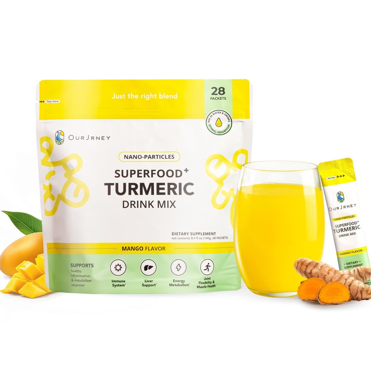 Nano Turmeric Curcumin Drink Powder, Mango Flavor, Daily Morning Wellness Drink, Gut Health, Immunity, No Added Sugar (28pack)