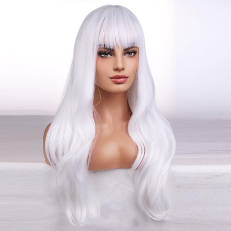 BERON 26 Inches White Wig Long Wavy Wig with Bangs Synthetic Wig Long Wig White Wigs for Daily Party with Wig Cap