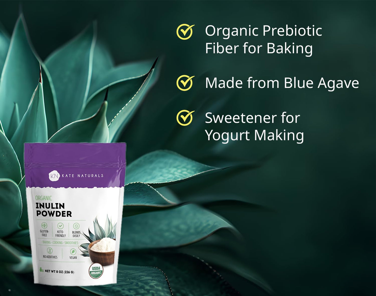 Kate Naturals Inulin Powder Organic from Blue Agave (8oz) Soluble Prebiotic Fiber for Coffee, Yogurt & Smoothies