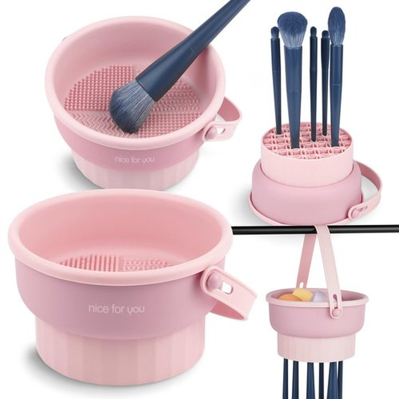 Ranphykx Makeup Brush Cleaner Mat 3 in 1 Silicone Makeup Brush Cleaning Bowl with Drying Holder Brush Cleaning Scrubber Tool Cosmetic Brush Cleaner with Holder for Storage Stand (Pink)