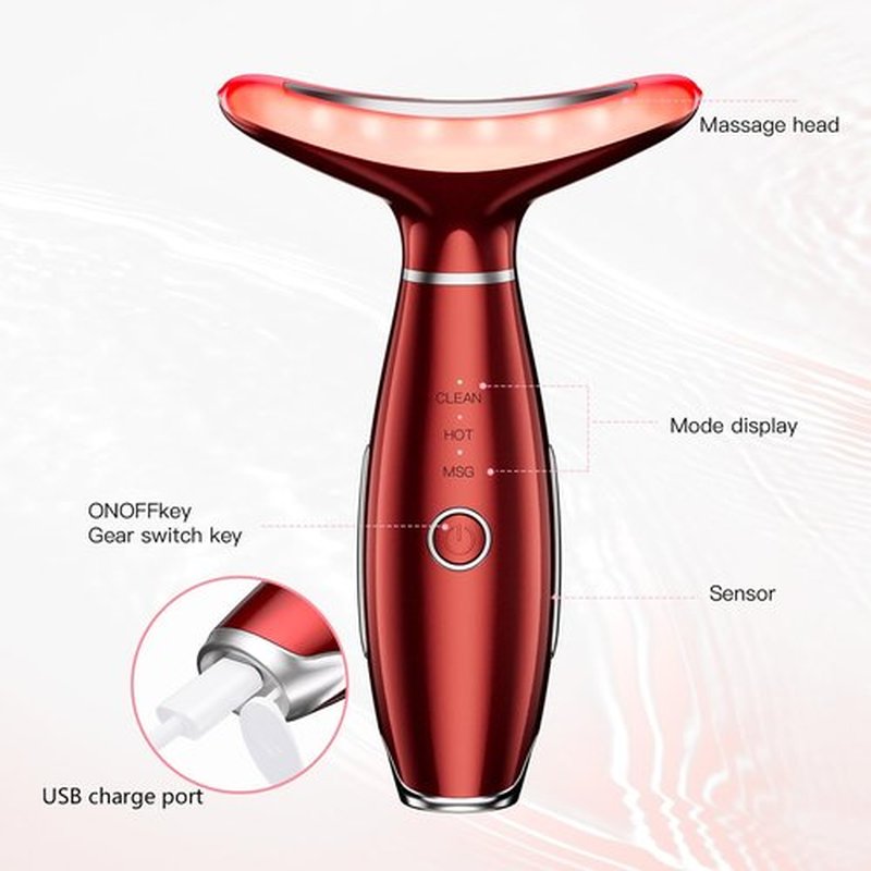 Neck Face Massager, 3 Colour Modes and Vibration Facial Massager, Face Sculpting Tool for Skin Care (Red)
