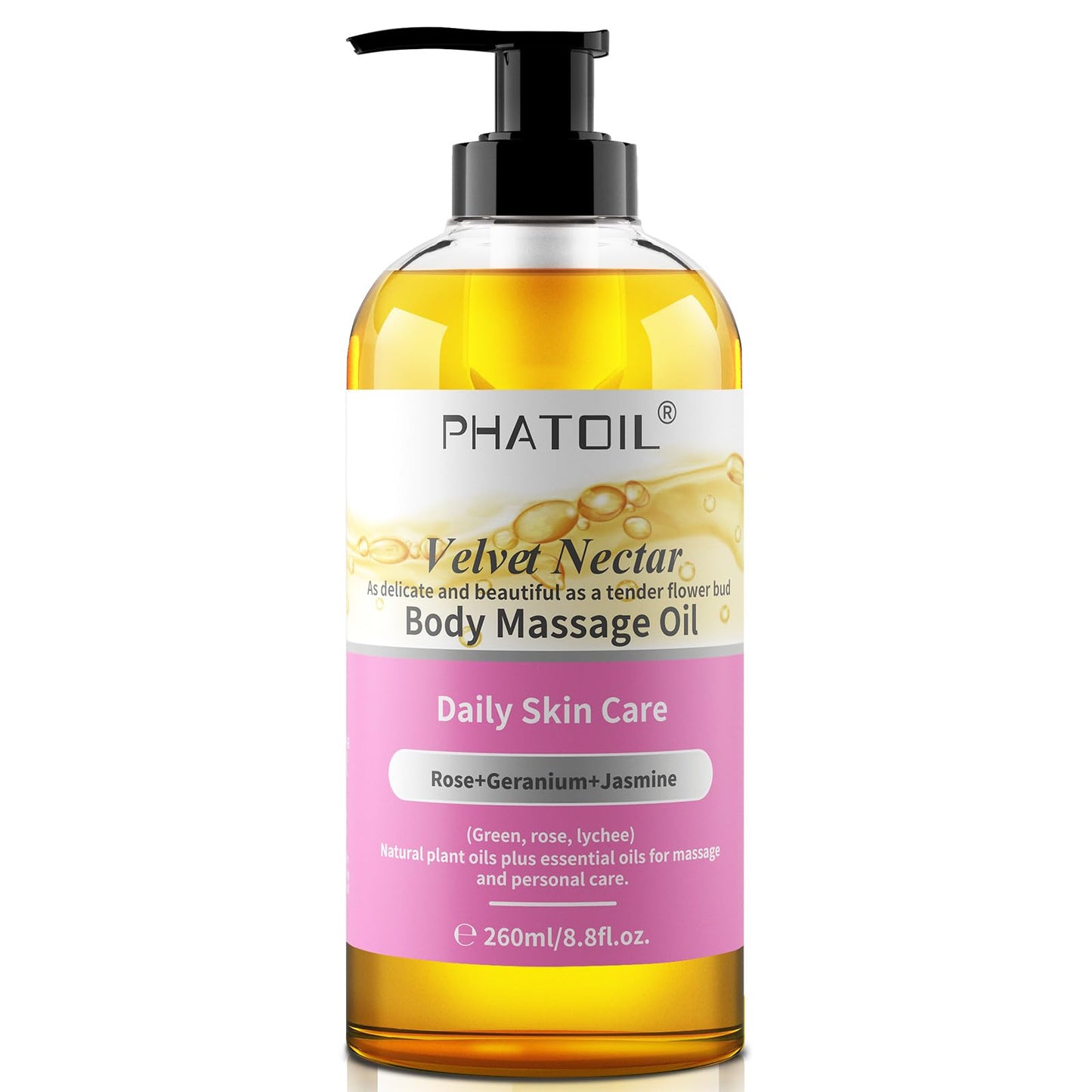 PHATOIL Rose Body Oil, Velvet Nectar Body Massage Oil 260 ml (8.8 fl.oz), Blends of Natural Plant Oils & Essential Oils for Massage and Skin Care, Body Oils for Women and Men