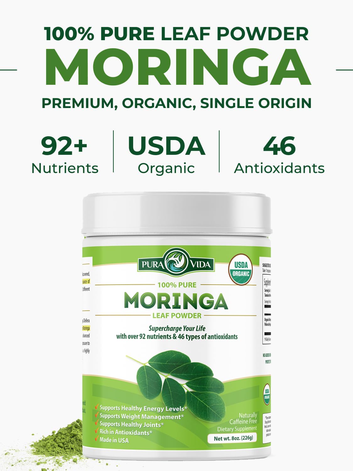 PURA VIDA MORINGA Organic Moringa Powder, Premium 100% Leaf Powder Single Origin - USDA Organic Moringa Oleifera Leaf, Perfect for Smoothies & Recipes, 8 oz