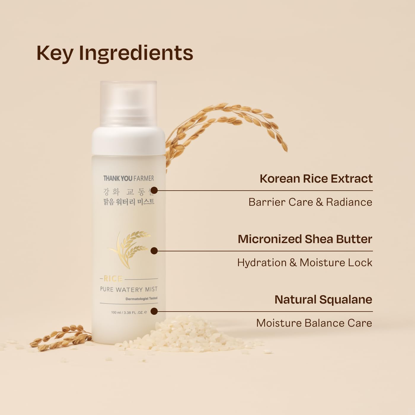 THANKYOU FARMER Rice Pure Watery Mist, Hydrating Face Spray Mist, Skin Barrier Care, Non-Sticky Facial Moisturizer, Ceramide NP Cholesterol & Fatty Acid, Korean On-the-Go Skin Care, Vegan, 3.38 Fl Oz