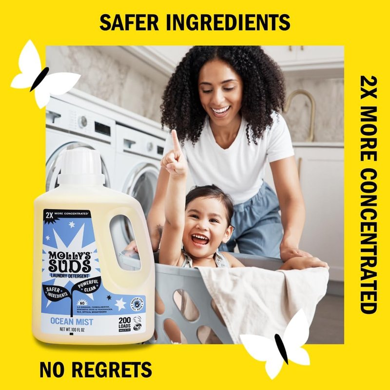 Molly's Suds Liquid Laundry Detergent - Sensitive Skin Formula | 2x Concentrated HE | Ocean Mist - 100 Loads