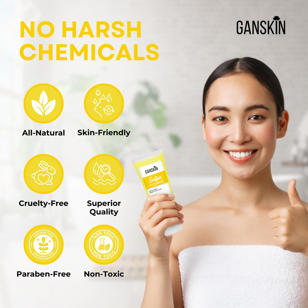 Ganskin Sulfur Soap – Sulfur Face & Body Wash – Sulphur Exfoliating Facial Cleanser Absorbs Excess Oil, Reduces the Look of Breakouts & Cleanses Skin – Natural Oily & Blemish-Prone Skin Care