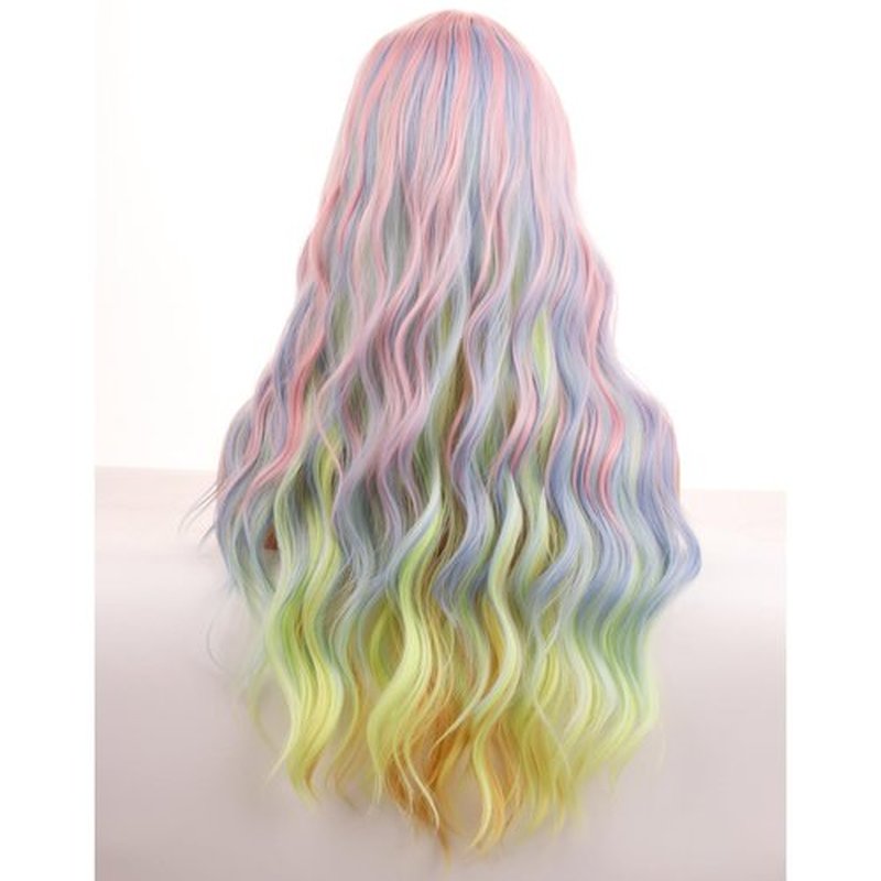BERON Rainbow Long Wigs Curly Wavy Women Pastel Wigs with Bangs Colorful Heat Resistant Synthetic Wigs for Cosplay or Daily Wigs Wig Cap Included