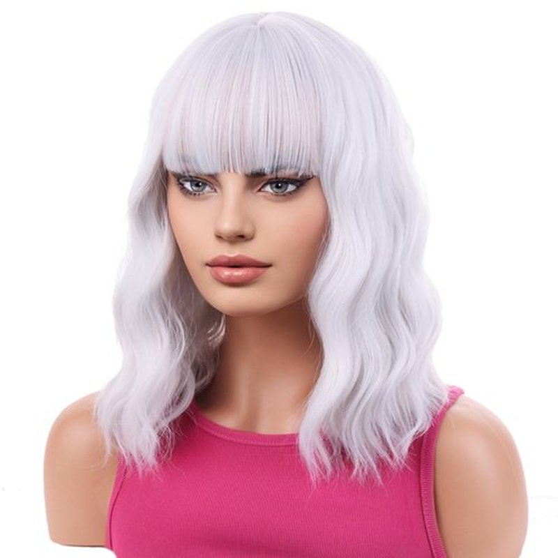 BERON 14 Inches Silver Wig Short Curly Wig Women Girl's Synthetic Wig Silver White Wig with Bangs Wig Cap Included