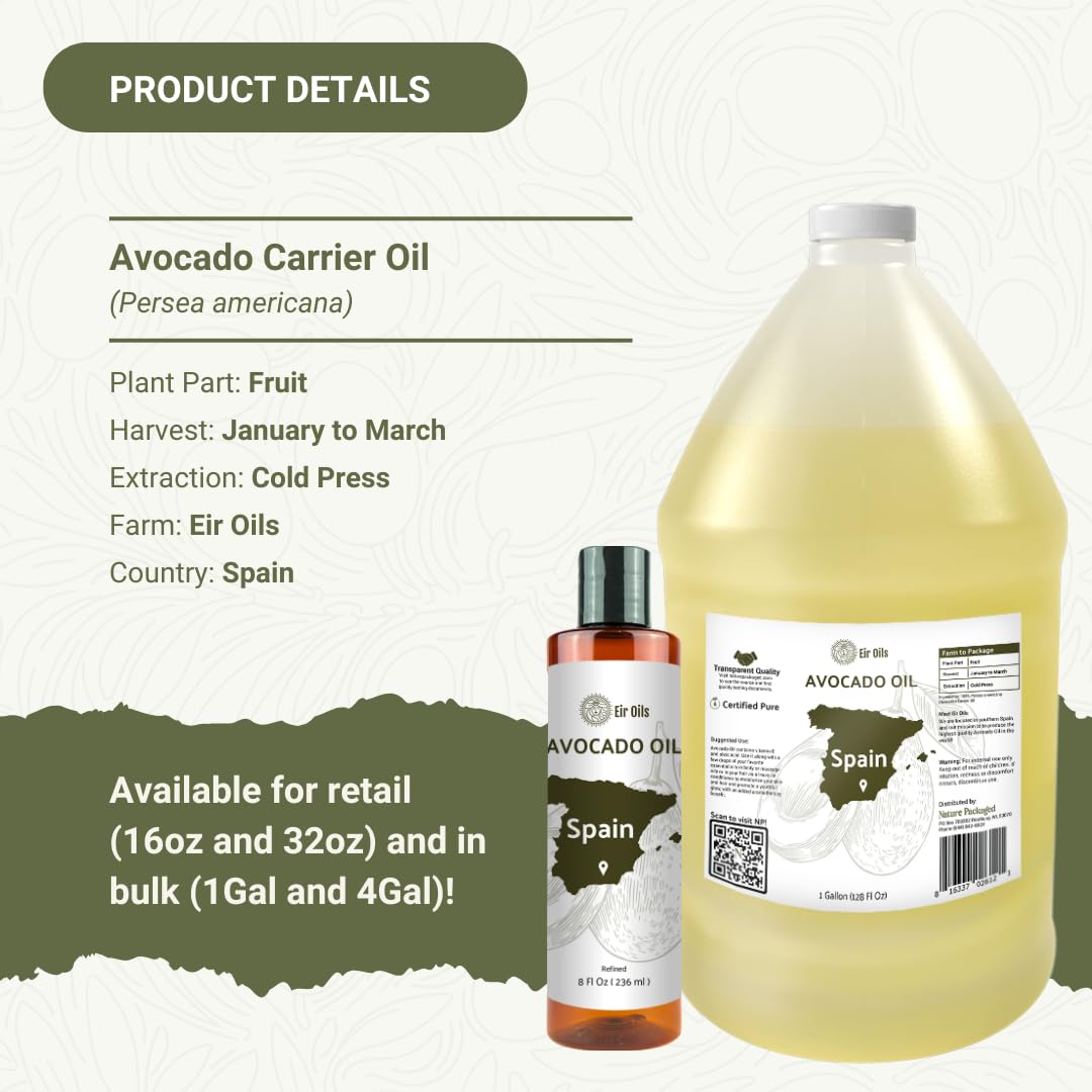 Nature Packaged Avocado Oil - Direct from EIR Oils Farm in Spain - 100% Pure Carrier Oil for Hair, Face, and Skin - Hand-Picked, Cold-Pressed Carrier Oil - (4Gallons)