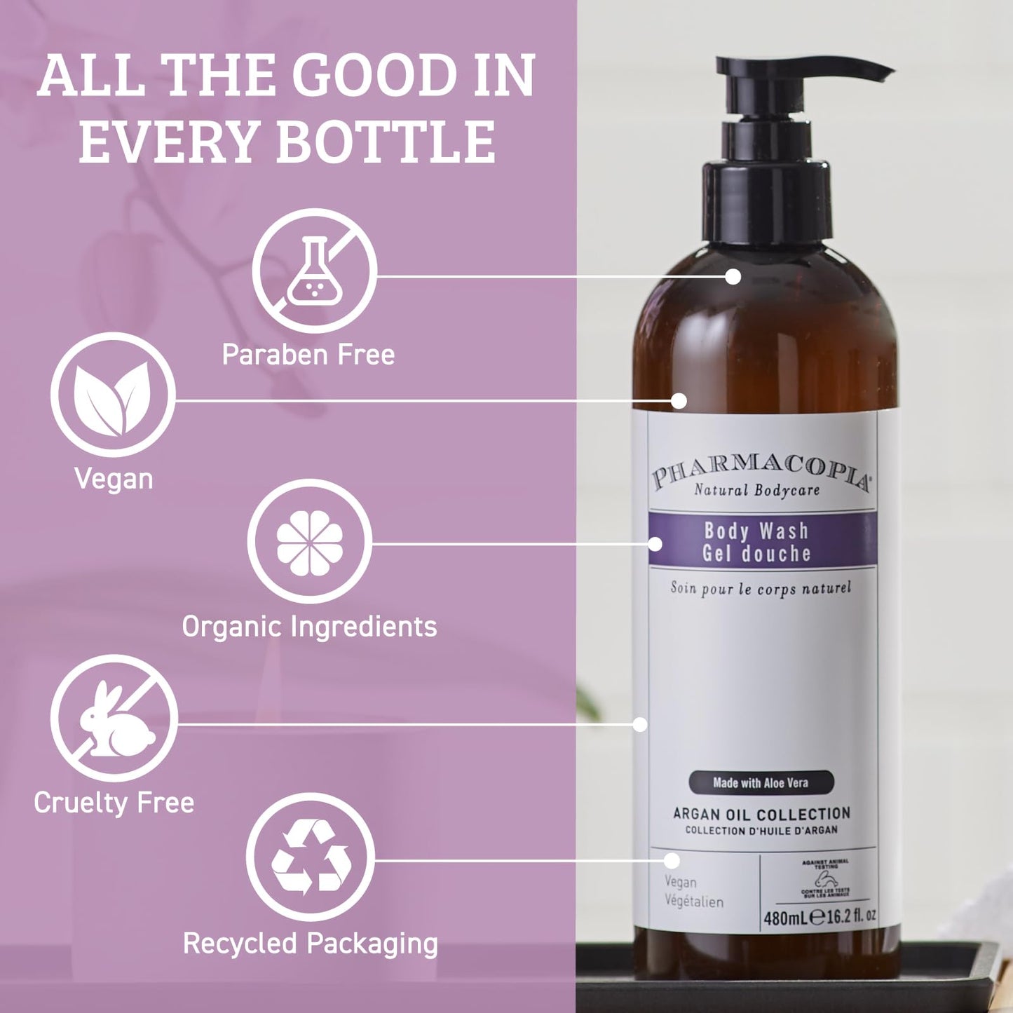 Pharmacopia Hotel Argan Oil Body Wash - Vegan Moisturizing Shower Gel with Aloe Vera, Coconut Oil and Green Tea Extract - Natural, Organic and Cruelty-Free Skin Care for Men and Women, 16.2 oz
