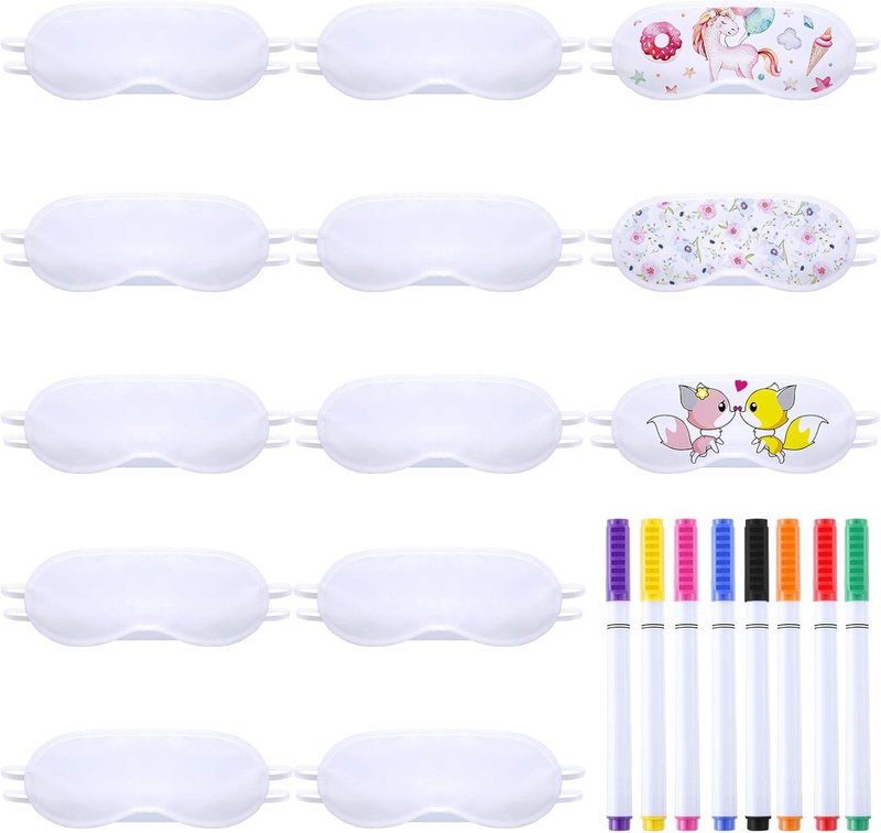 DIY White Eye Masks - 10 Pcs Soft Satin Sleep Blindfolds with 8 Fabric Markers for Parties | Perfect for SPA, Travel, and Weddings