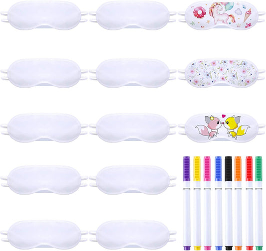 DIY White Eye Masks - 10 Pcs Soft Satin Sleep Blindfolds with 8 Fabric Markers for Parties | Perfect for SPA, Travel, and Weddings