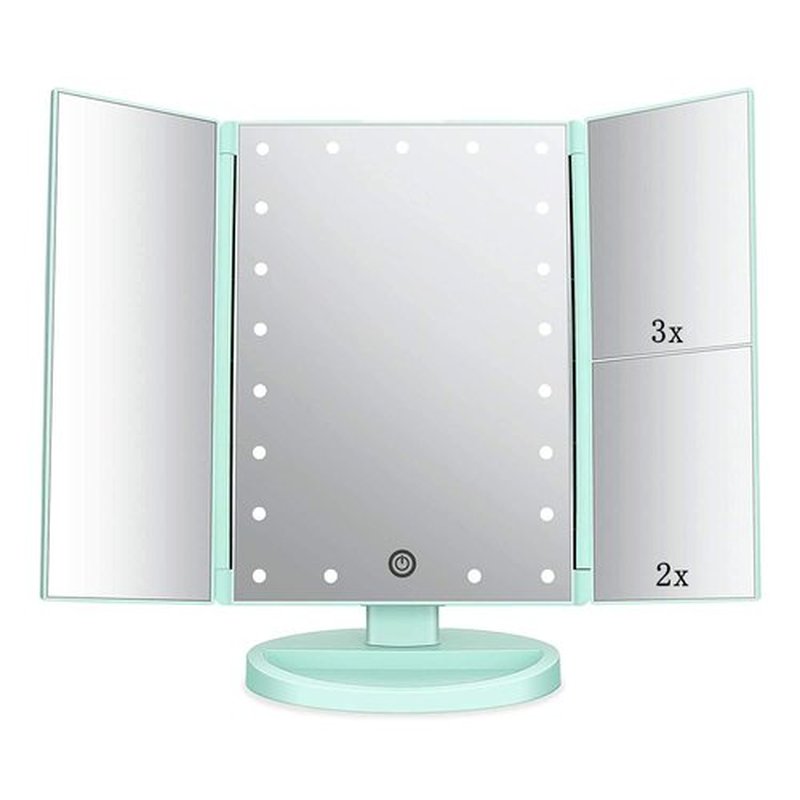 Flymiro Tri-fold Lighted Vanity Makeup Mirror with 3x/2x/1x Magnification, 21 LLED Light and Touch Screen,Dual Power Supply, Portable LED Makeup Mirror, Travel,Women Gift (Green)