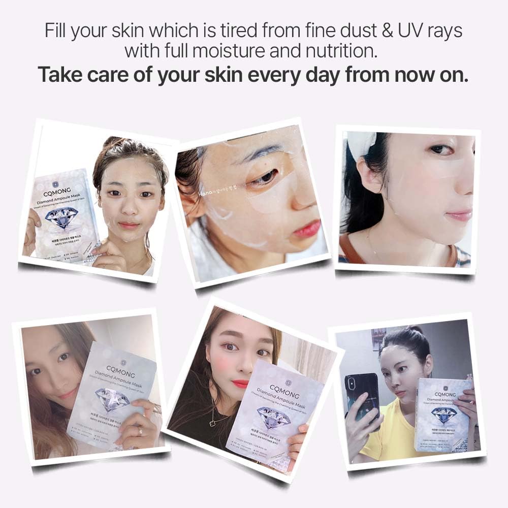 CQMONG Diamond Ampoule Sheet Mask (30g x 10pcs), Korean Face Facial Masks, Glossy & Elastic Skin, Hydrating, Soothing, Nourishing, Collagen & Hyaluronic Acid, Smooth Sheet