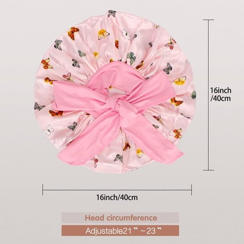 Arqumi Pack of 2 Satin Sleeping Bonnet, Large Satin Sleep Bonnet, Long Strap, Adjustable Sleep Cap Hair Bonnet with Butterfly Pattern, Black+Pink