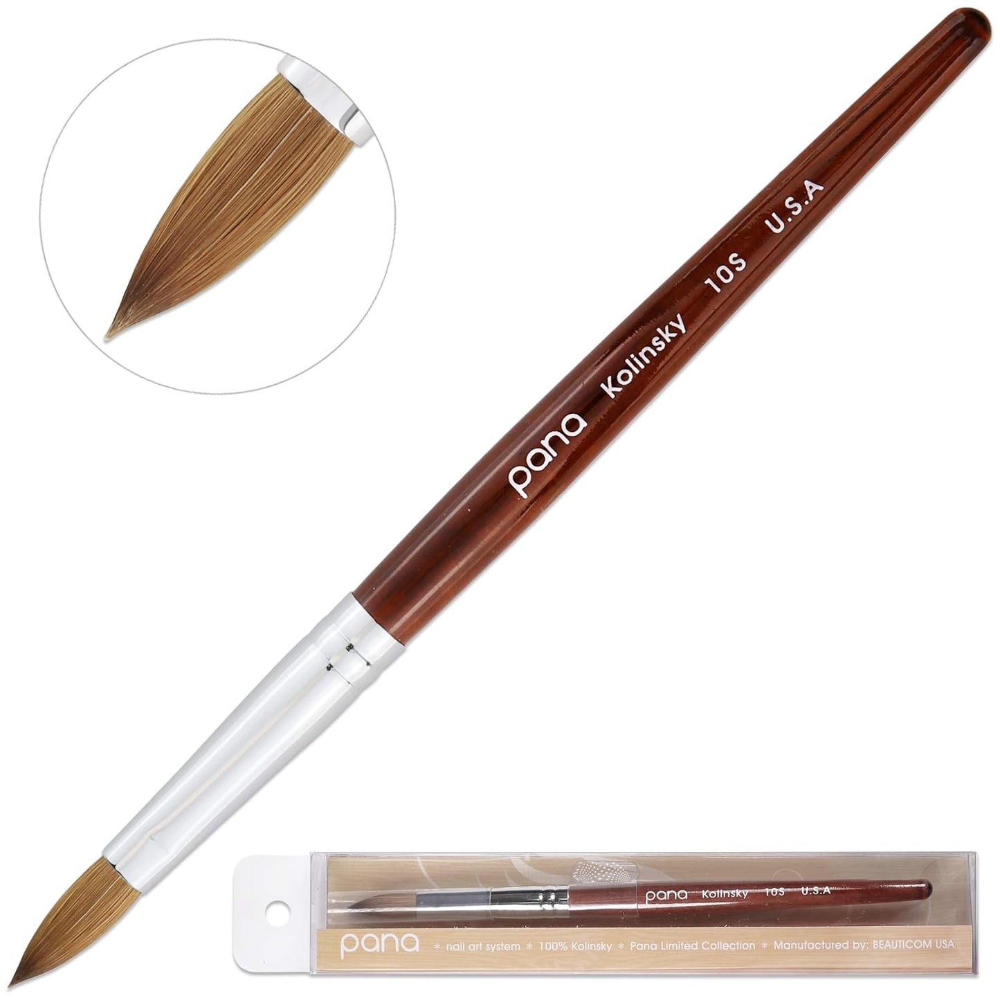 Size 10 PANA Pure Kolinsky Acrylic Nail Brush - Oval Crimped Clear Handle